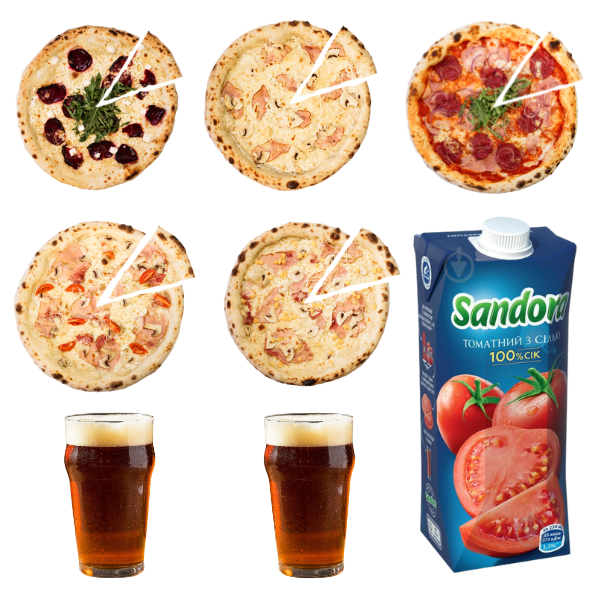 Акція: 5 піц на вибір +2л. ZEMAN +1л. томатного соку: 849 грн